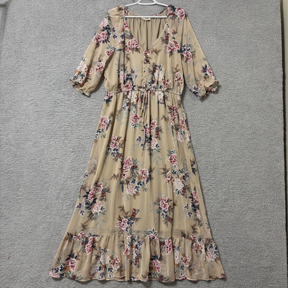Flowy Floral Maxi Dress Elastic Waist Boho Casual V-Neck Ruffle Hem Plus 2X Airy